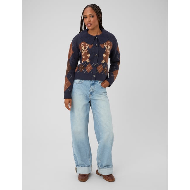 Cardigan jacquard boutonné bleu foncé <span itemprop=