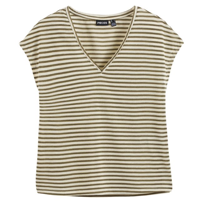 T-shirt às riscas brilhantes caqui/cru <span itemprop=