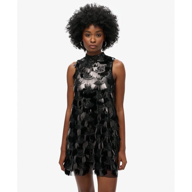 Robe trapèze à franges et sequins sequins noirs <span itemprop=