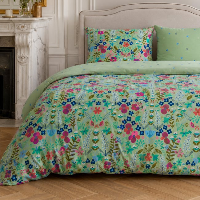 Parure housse de couette en percale de coton floral printemps, KATE MERRIT multicolore <span itemprop=