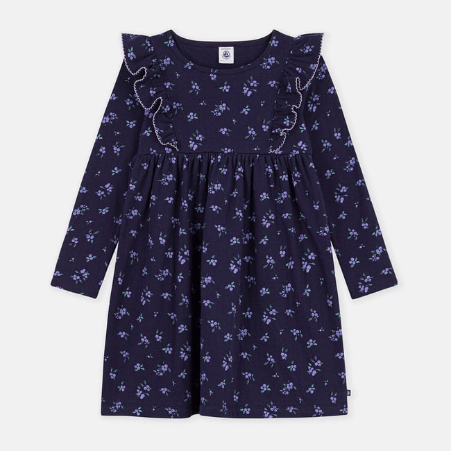 Robe manches longues, avec volants, imprimé floral, en coton bleu marine imprimé <span itemprop=