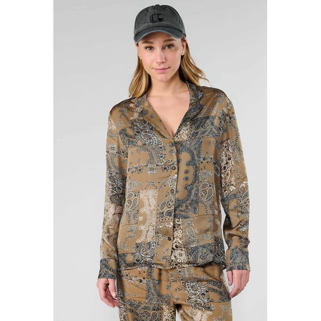Chemisier satiné, col tailleur  imprimé beige <span itemprop=