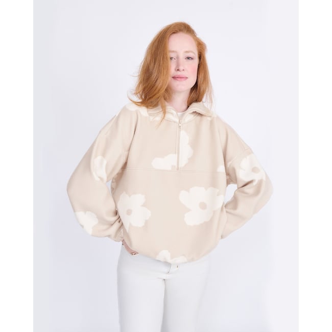 Sweat en polaire recyclée imprimé fleuri beige latte <span itemprop=