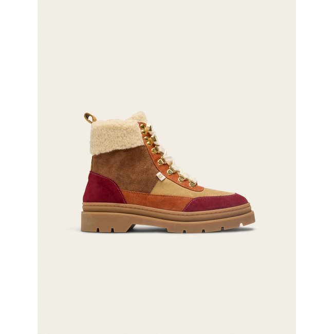 Bottines à lacets JOELLE suède fourré bordeaux beige terracotta <span itemprop=