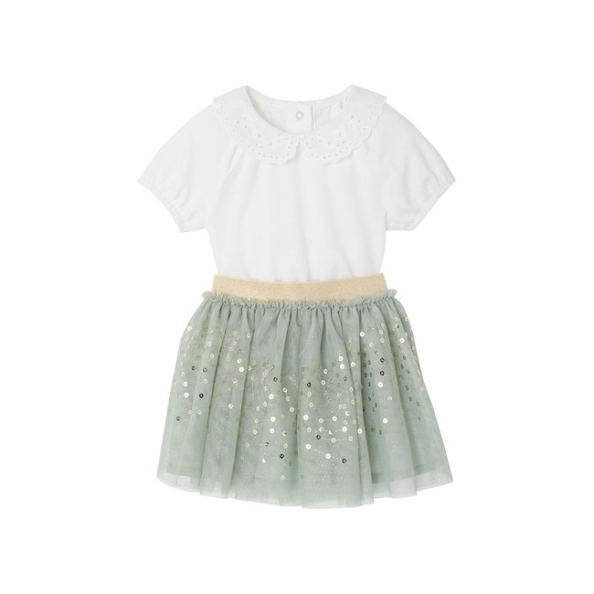 Ensemble cérémonie T-shirt et jupon en tulle vert sauge <span itemprop=