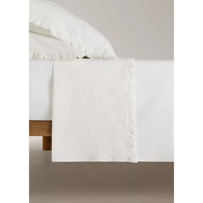 Drap plat coton lavé volant en gaze effiloché lit 200 cm écru <span itemprop=