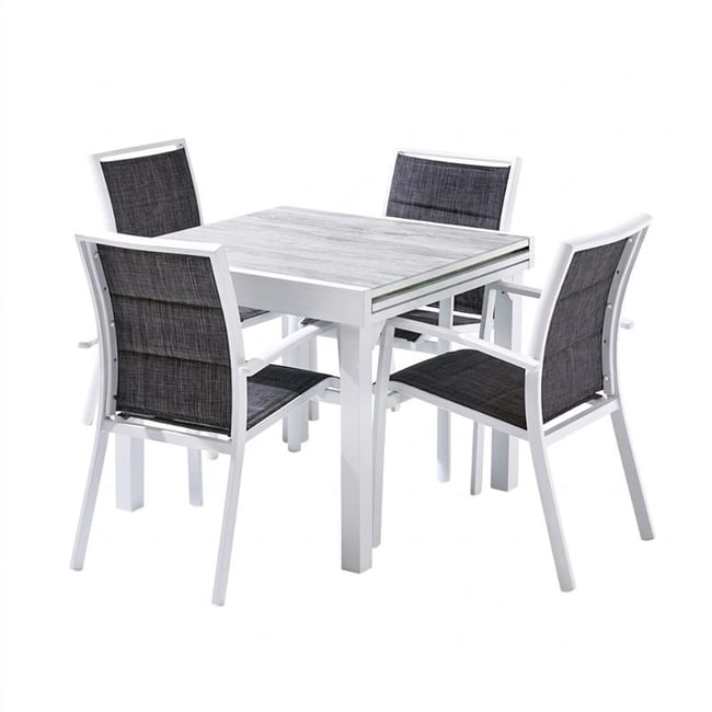Ensemble en aluminium, verre, 4 fauteuils MODULO blanc <span itemprop=