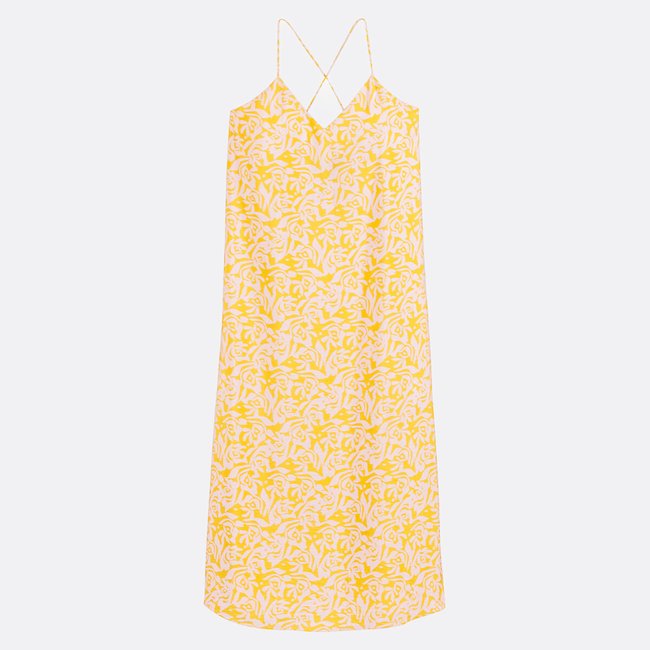 Robe longue à fines bretelles, imprimé floral imprimé jaune <span itemprop=