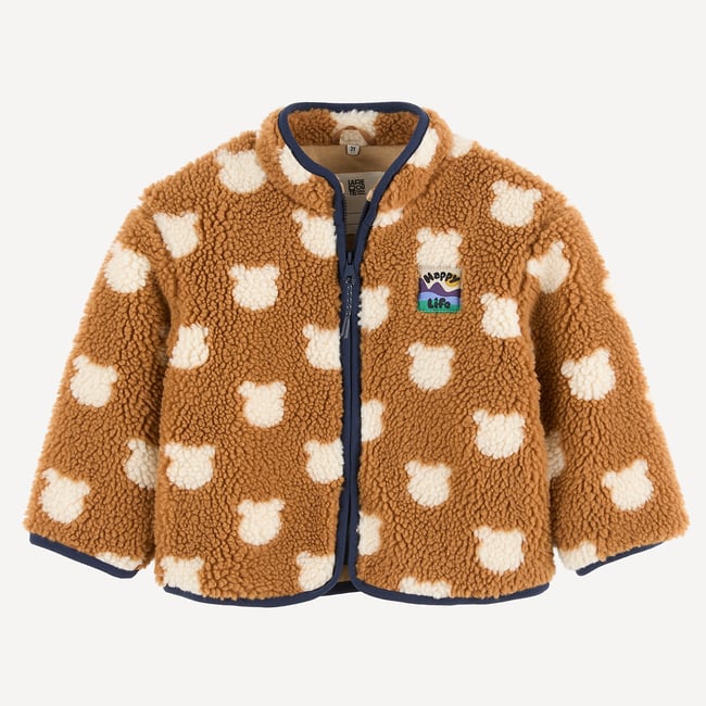 Gilet col montant, en sherpa, motif animalier imprimé camel <span itemprop=