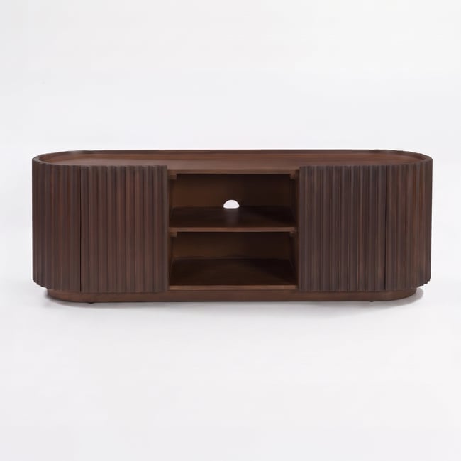 Meuble TV en bois de manguier finition noyer, 2 portes et 1 niche - LIO Couleur marron foncé <span itemprop=