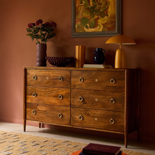 Reyna Mango Wood 6 Drawer Chest Of Drawers, dark brown, SWOON