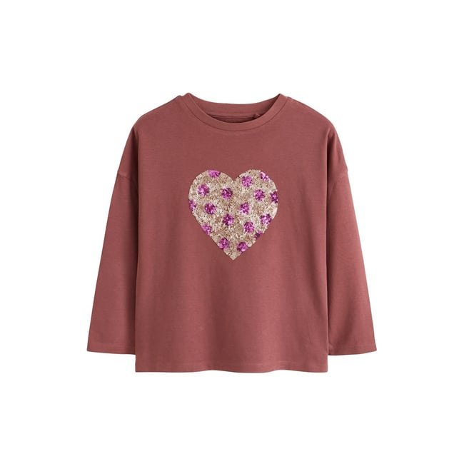Haut à manches longues, cœurs et sequins tache brune <span itemprop=