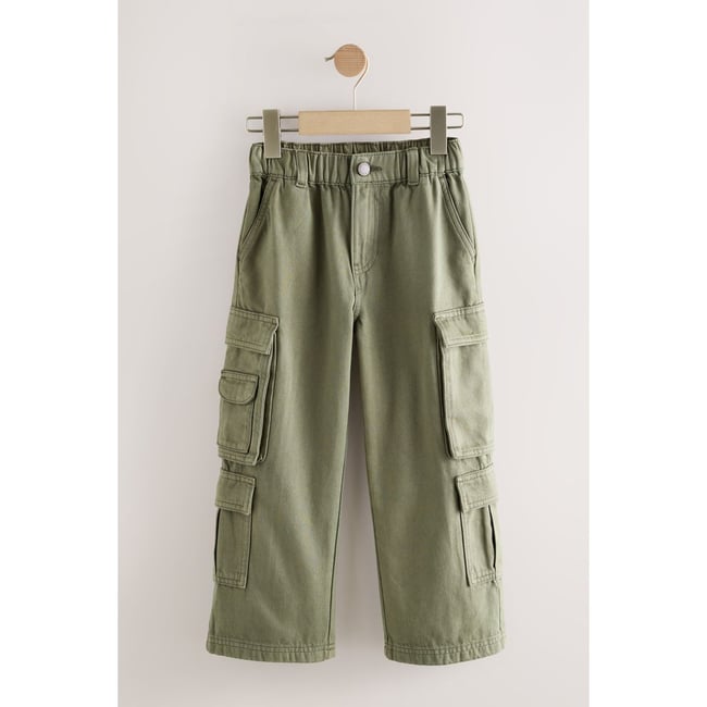 Pantalon cargo en coton sergé tissé vert kaki <span itemprop=