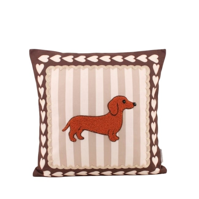 Coussin teckel velours rayures 45x45cm beige <span itemprop=
