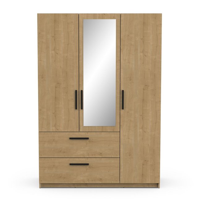 Armoire 3 portes, 1 miroir et 2 tiroirs décor chêne et noir mat H191,5 cm - CRAFT Couleur bois clair <span itemprop=