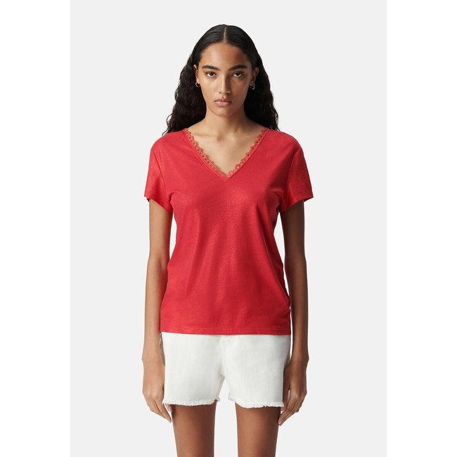 T-shirt con scollo a V e dettaglio in pizzo, in misto lino rosso IKKS