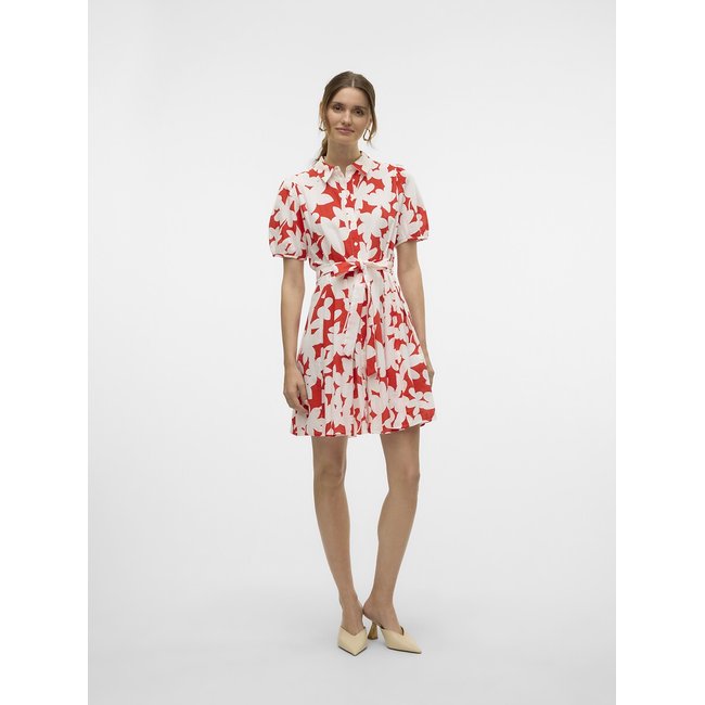 Robe chemise imprimée blanc/rouge <span itemprop=