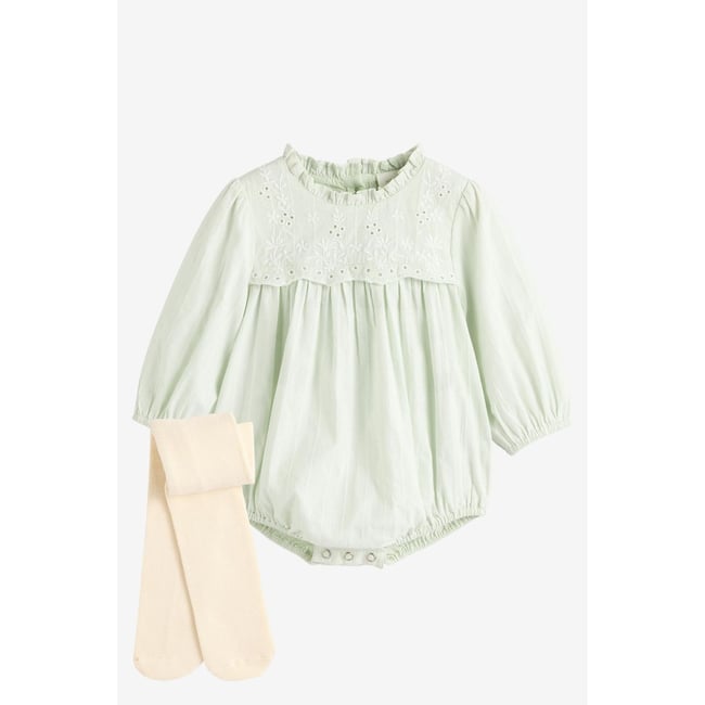 Barboteuse bouffante pour bébé vert menthe brodé <span itemprop=