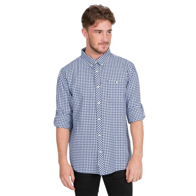 Chemise manches longues à boutons motif/style damier carreaux bleu <span itemprop=