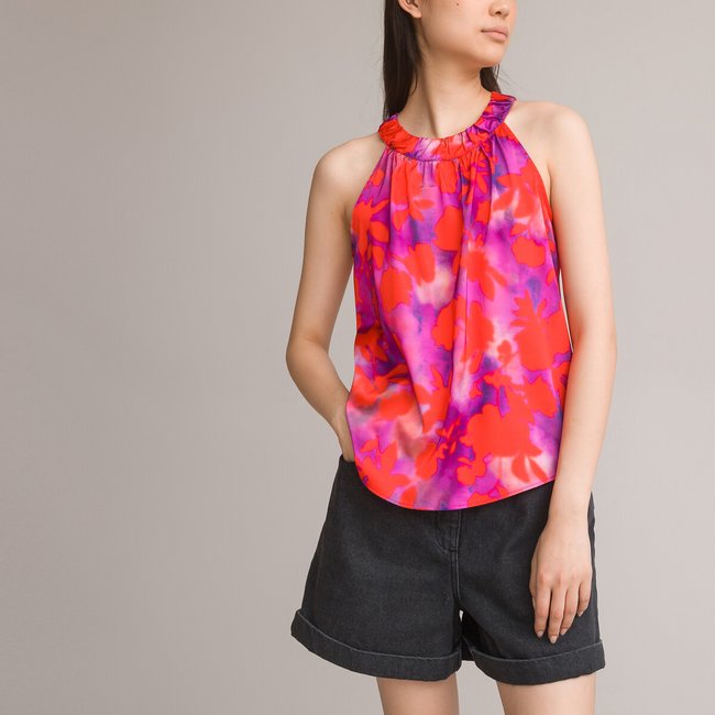 Ärmellose Bluse, amerikanische Schulter gedrukt rood / roze <span itemprop=