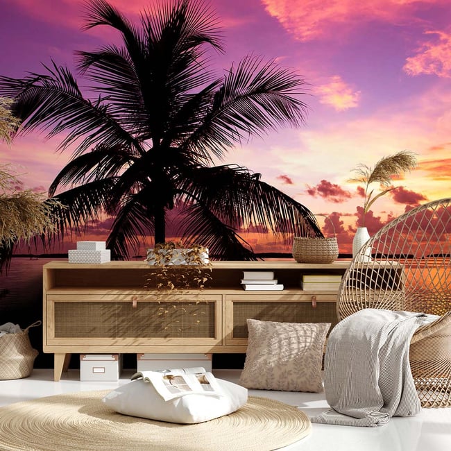 Papier peint panoramique cocotiers au sunset Couleur intissé <span itemprop=