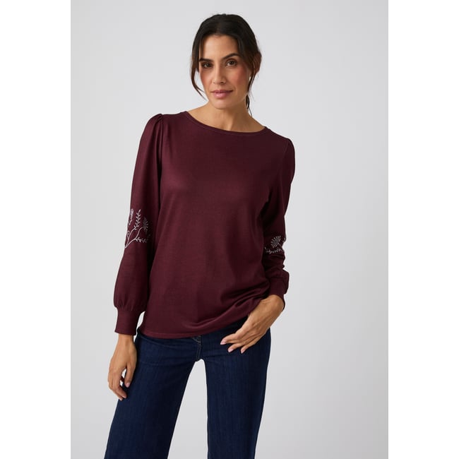 Tee-shirt manches brodées Thermolactyl maille chaude rouge bordeaux chiné <span itemprop=