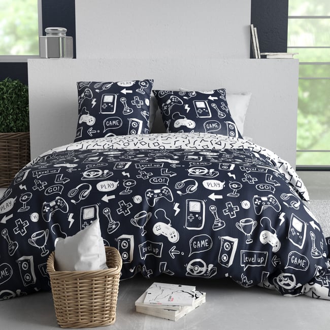 Parure housse de couette 100 % coton 57 fils geek imprime <span itemprop=