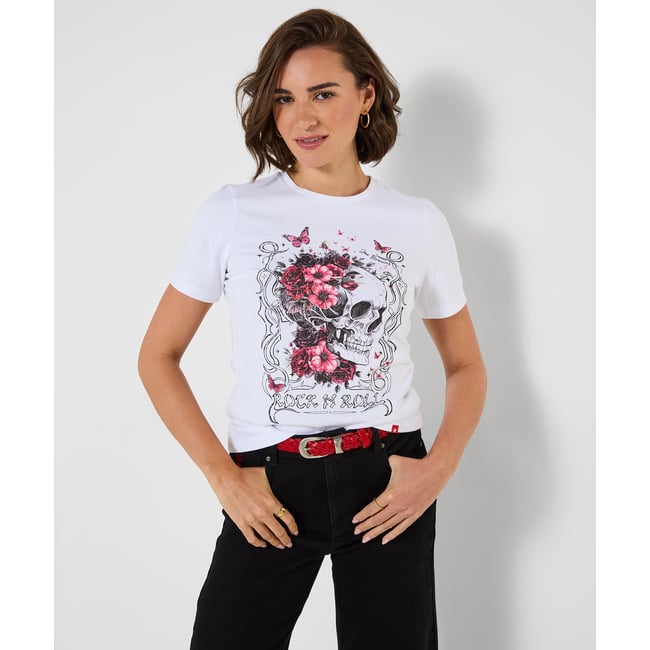 T-Shirt à Manches Courtes Imprimé Tête de Mort blanc <span itemprop=