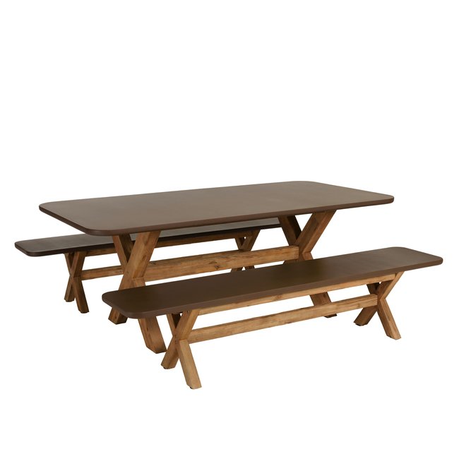 Ensemble table 200 cm et bancs effet béton marron pieds en bois d'acacia CALVI marron <span itemprop=