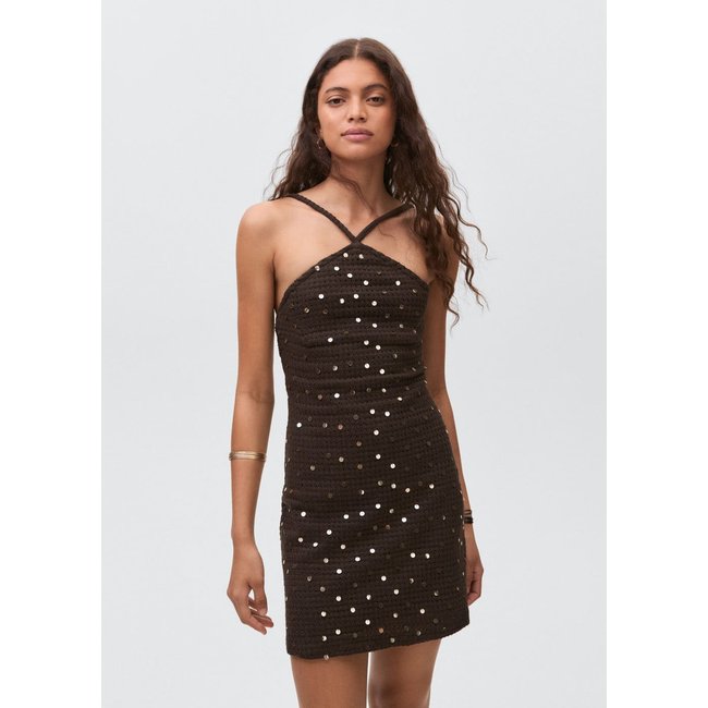 Robe crochet paillettes marron <span itemprop=