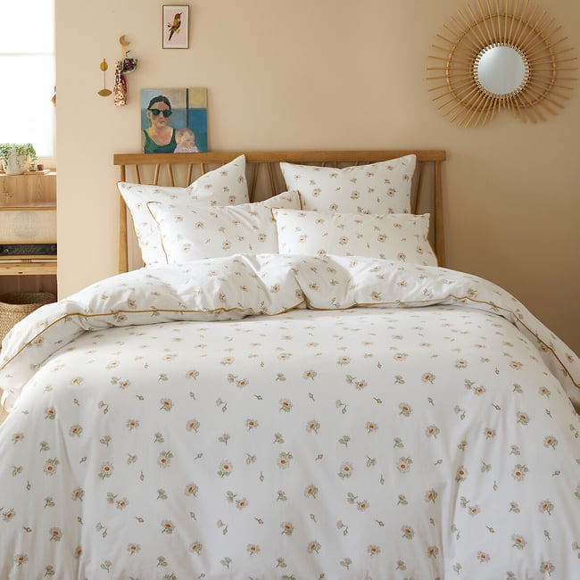 Housse de couette coton lavé, Paquita imprimé fond blanc <span itemprop=