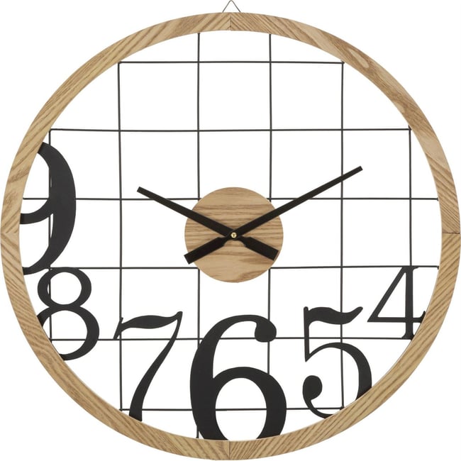 Horloge murale en fer chiffres ajourés MODERN Couleur noir et bois <span itemprop=