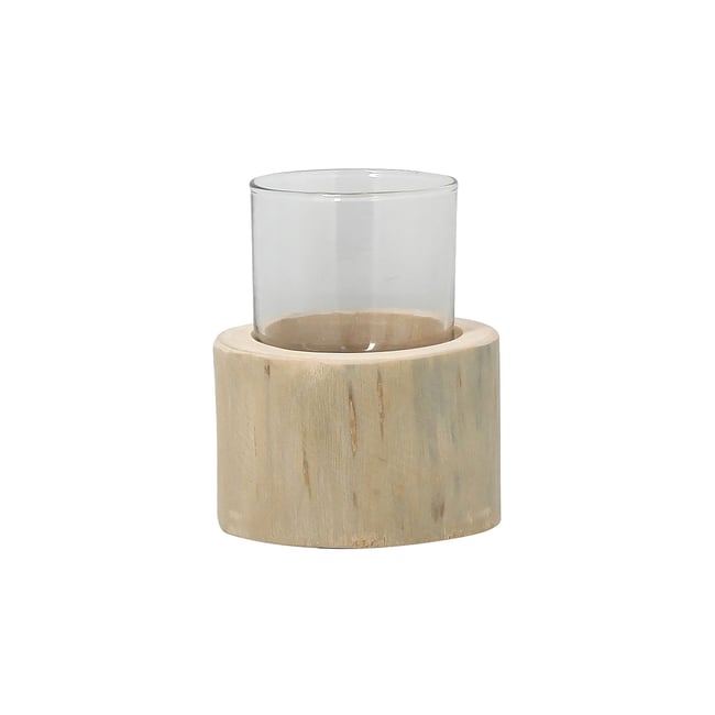 Photophore en verre avec base en teck Couleur naturel-transparent <span itemprop=