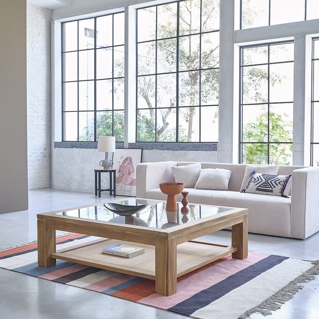 Table basse en teck massif vitrée  BOSTON Couleur naturel <span itemprop=