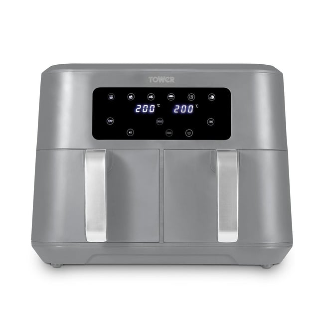 Vortx 8.5L Dual Basket Air Fryer with Chrome Trim- T17137, grey, TOWER