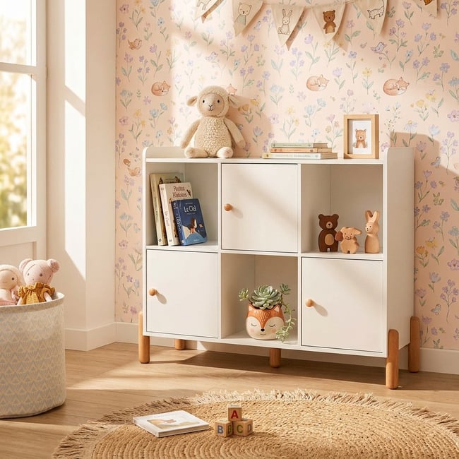 Bibliothèque enfant 3 portes  MONA Couleur blanc et bois clair <span itemprop=