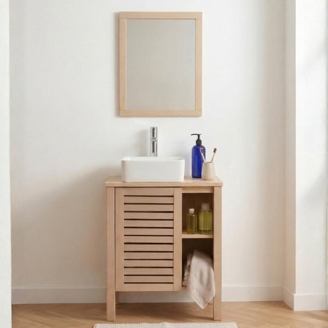 Ensemble vasque 60cm chêne, robinet et miroir TALIX Couleur chêne <span itemprop=
