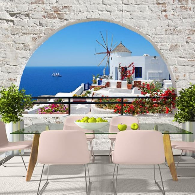 Papier peint intissé panoramique Paysage Summer in Santorini Couleur bleu <span itemprop=
