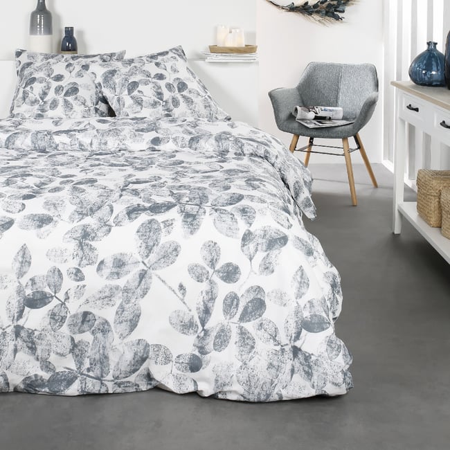Parure de lit 2 personnes imprimé floral coton SUNSHINE GAEL bleu <span itemprop=