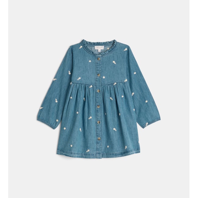 Robe denim évasée tasmine den fleurs coton bleu et écru <span itemprop=