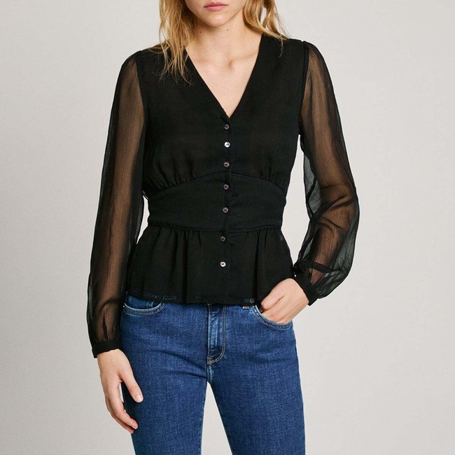 Blouse Col V En Mousseline noir <span itemprop=