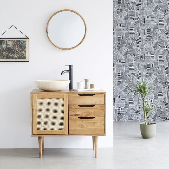 Meuble de salle de bain en mindi massif et cannage 85 cm  HANA Couleur naturel <span itemprop=