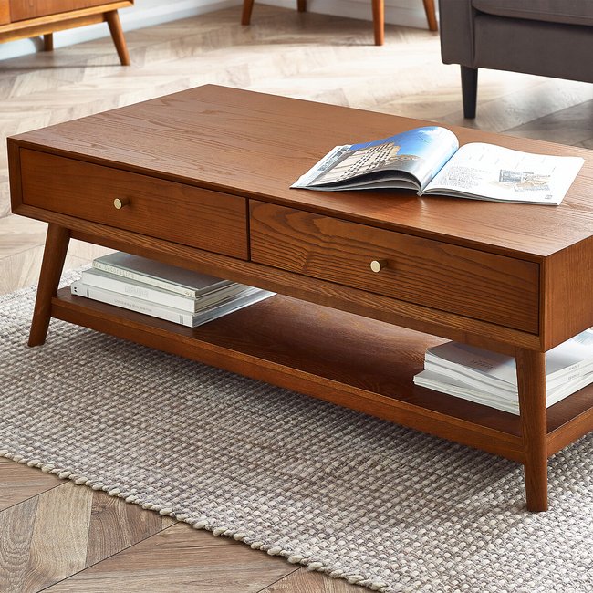 Elijah Retro Ash Wood Storage Coffee Table, auburn, SO'HOME