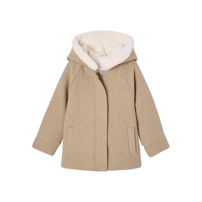 Manteau à capuche en drap de laine beige chiné <span itemprop=