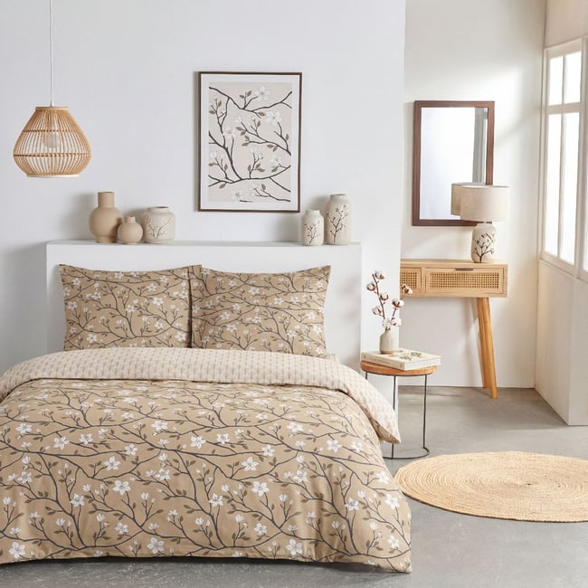 Parure de lit 2 personnes imprimé SUNSHINE VALENTINA beige <span itemprop=
