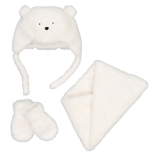 Ensemble bonnet + snood + moufles sherpa ours ecru <span itemprop=