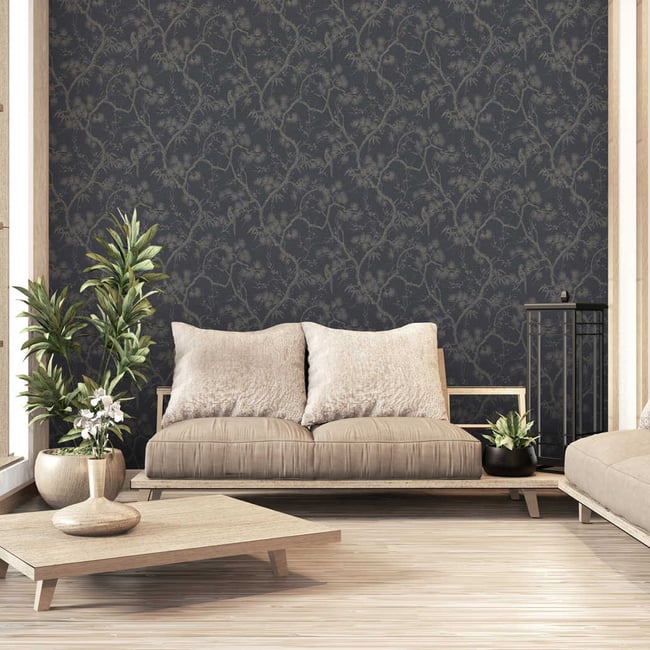 Papier peint imprimé jardin japonais Couleur noir <span itemprop=