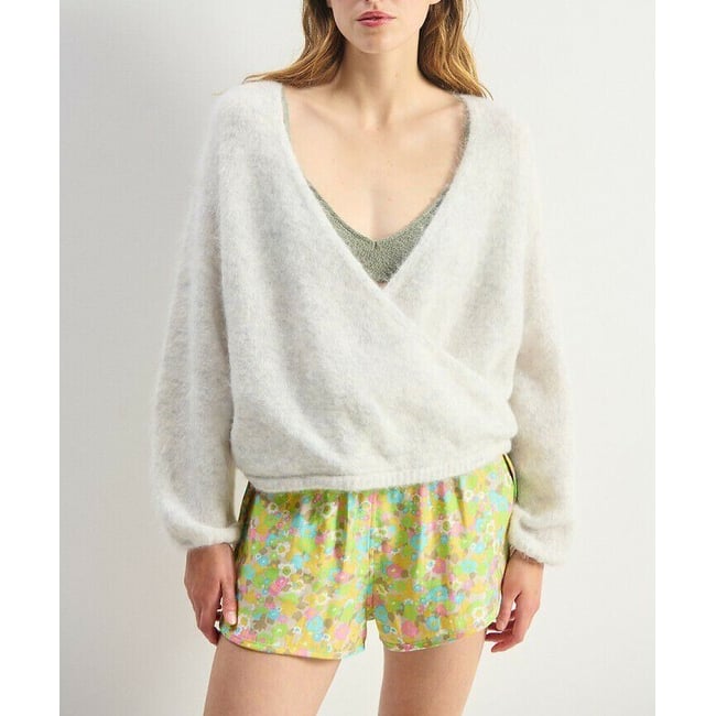 Pull col croisé manches longues, NUNY gris polaire <span itemprop=