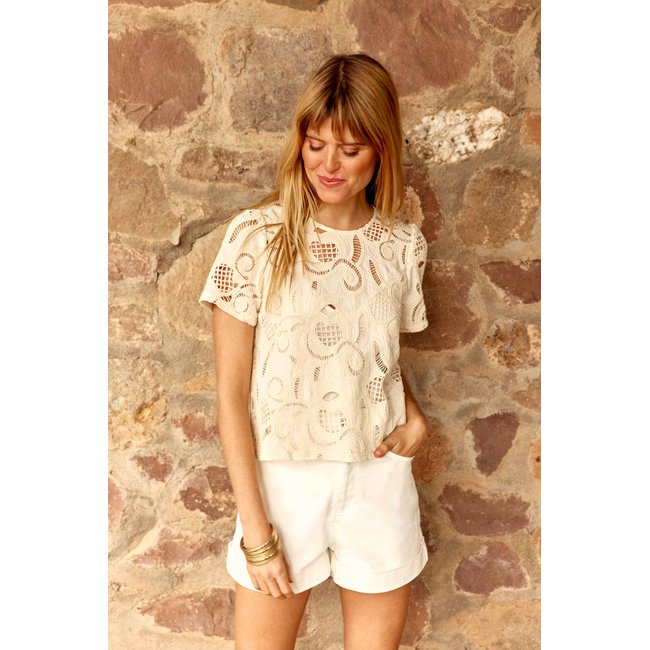 Top manches courtes col rond imprimé broderie TIVA 11-ecru <span itemprop=