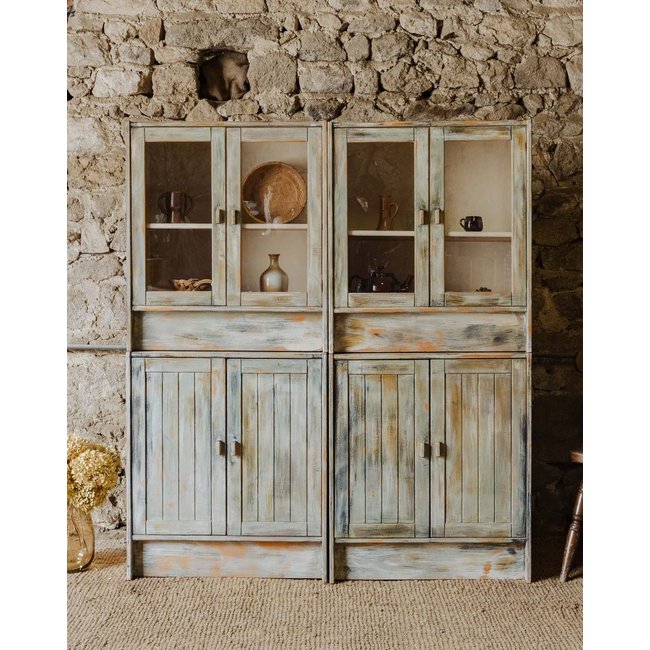 Vaisselier modulable en bois et vitré Maximilien N°384 - Bon état Couleur bois clair <span itemprop=
